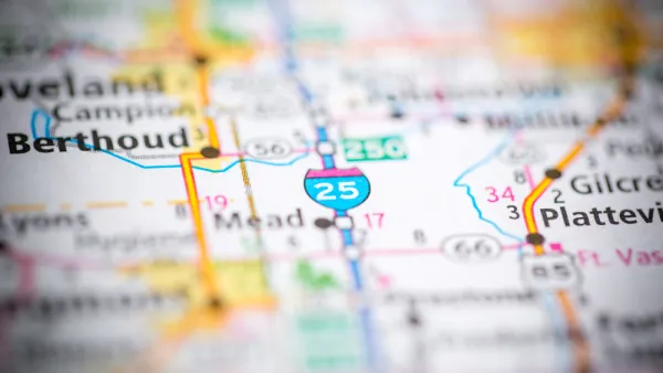 A map of Colorado freeways ad highways and towns, focusing on Interstate 25 in Northern Colorado.