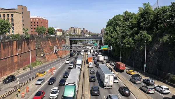 View from overpass of traffic on Cross Bronx Expressway in New York City.