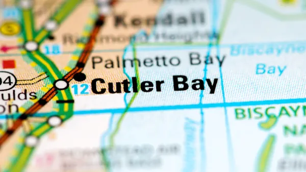 A map highlights Cutler Bay, located in South Florida along the Atlantic coast.