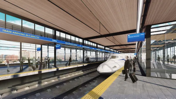 Rendering of Texas Central high-speed rail train stopped at covered platform in Dallas, Texas