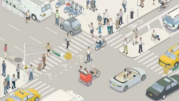 Graphic of busy city intersection with crosswalk, cars, people, and bike share station.
