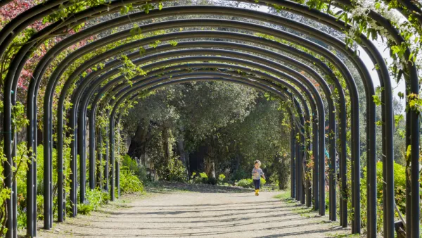 A little girl running in the beautiful Descanso Garden in Los Angeles, California.