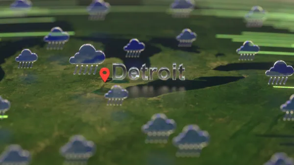 An illustration of rain clouds gathered over the U.S. Midwest, with the city of Detroit called out on the map.