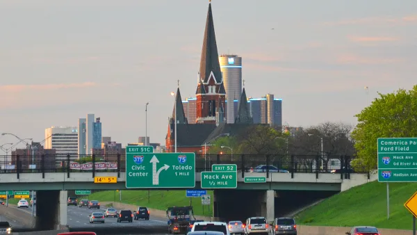 Interstate 375 in Detroit with church in background