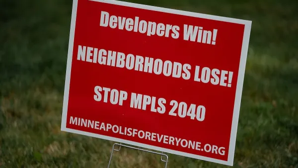Red sign with white text opposing Minneapolist 2040 rezoning plan.