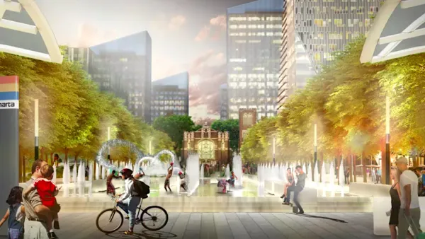 Rendering of pedestrians and cyclists in Hospital Square surrounded by buildings and trees