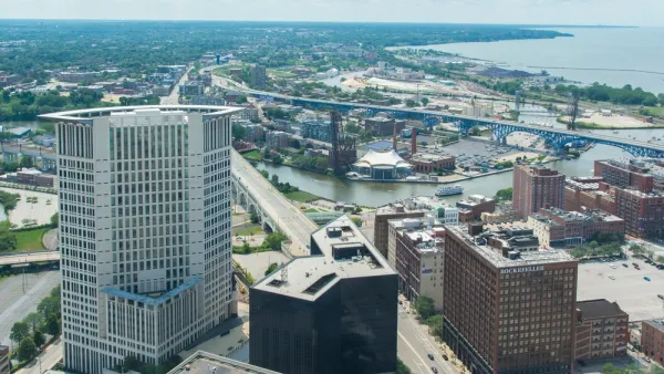 A view of Downtown Cleveland and the Cuyahoga River as pictured from a downtown high-rise building.