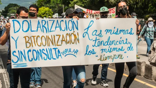 San Salvador, El Salvador - September 15th, 2021: Protesters walk in the streets of the city against the bitcoin policies of current president Nayib Bukele.