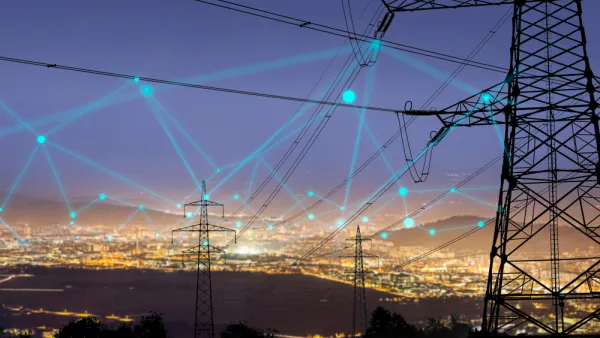 A grid of connected energy, shown as an imagined web over the night sky of an unnamed city.