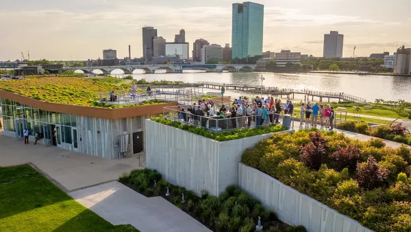View of pavilion rooftop on Toledo riverfront.