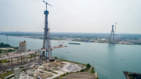 Construction in progress on the Gordie Howe International Bridge above the Detroit River.