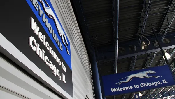 Close-up of Welcome to Chicago sign with Greyhound bus company logo in downtown Chicago, Illinois bus terminal.