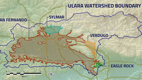A map showing the extent of the San Fernando Valley Groundwater Basin in the northern reach of the city fo Los Angeles, along with a few other, smaller, adjacent groundwater basins.