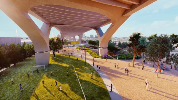 Rendering of people walking on grassy lawn and gravel walkway under 6th Street Bridge in Los Angeles