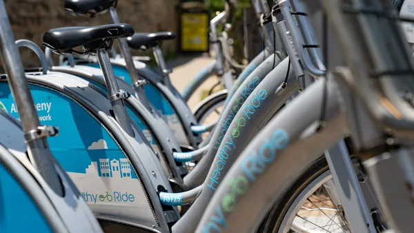 Close-up of row of Healthy Ride bike share bicycles