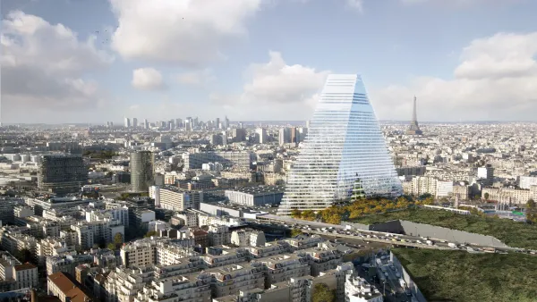 A conceptual rendering of the planned Tour Triangle building sticks above the Paris skyline, with the Eiffel Tower in the distance.