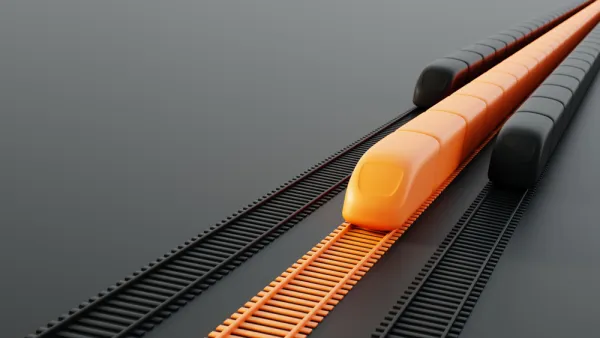 A conceptual rendering of three high-speed rail trains. The middle train is orange; the other two are black.
