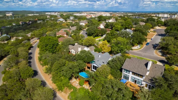 An aerial view of a typical suburban neighborhood in Texas.