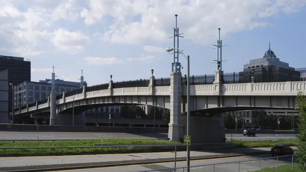 The Hudson River Way, a pedestrian bridge that links Broadway in downtown Albany, New York with the Corning Preserve on the bank of the Hudson River.
