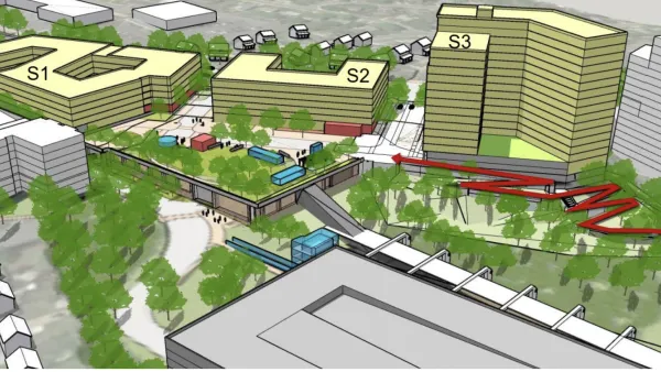 A conceptual rendering of new buildings around the Huntington Metro station in Virginia.