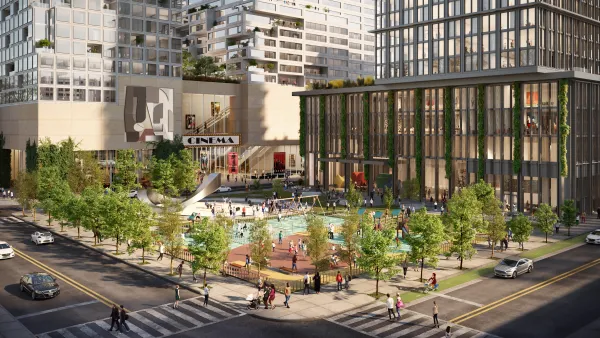 Rendering of Innovation QNS with landscaped open public space on corner and glass-clad building