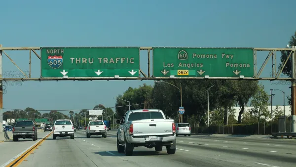 Interstate 605 in Los Angeles with green freeway signs and light traffic