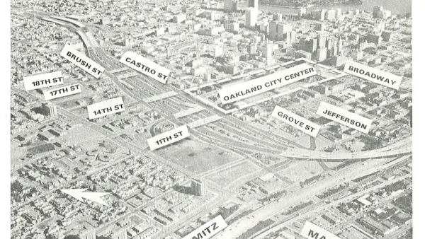 A historic image of the various highways and transportation modes planned around the create of Interstate 980 in Oakland, California.