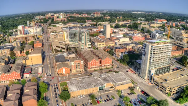 An aerial view of downtown Iowa City.