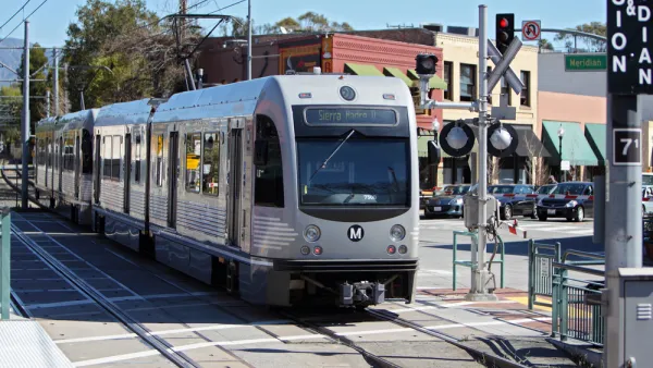 A Gold Line AnsaldoBreda P2550 train enters Mission Station in South Pasadena on February 25, 2012.