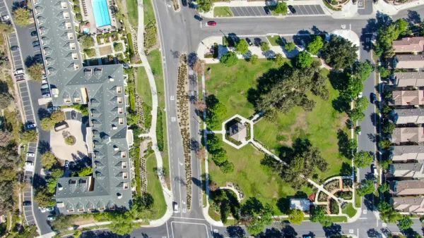 A aerial view of Ladera Ranch, California, showing a variety of buildings and open space.