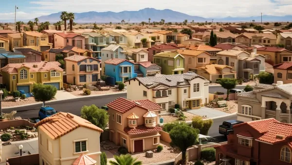 AI-generated image of residential single-family Las Vegas neighborhood with earth-toned Spanish-style two-story homes.