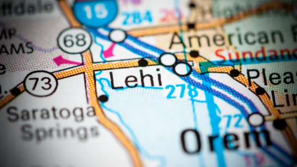 A map focused on the city of Lehi, Utah, showing Interstate 15, which runs through the city.
