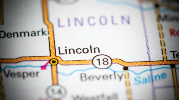 A close up of a map showing the location of Lincoln, Kansas, at the intersection of highways 14 and 18.
