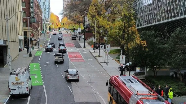 View of Madison St dedicated bus lane in Seattle, Washington.