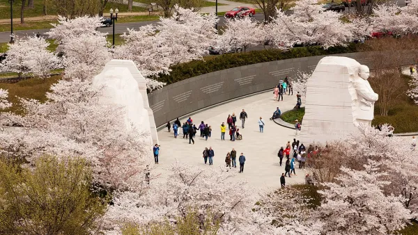 Several visitors walk around the Martin Luther King Jr Memorial, which is surrounded by cherry blossom trees in bloom with pale pink flowers.