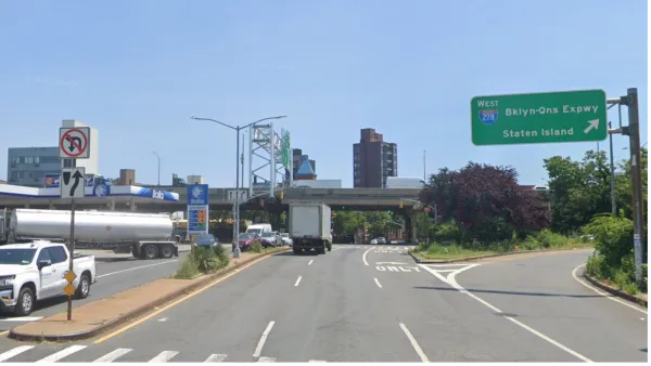 Google Maps street view of McGuinness Boulevard, four-lane road in Brooklyn with green sign for I-278W to BQE and Staten Island.