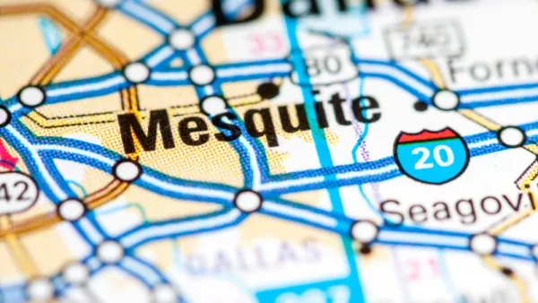 A map showing the city of mesquite with surrounding freeways, roads, and cities.