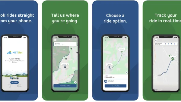 A collection of screengrabs showing the uses of the Met-Go on-demand transit app.
