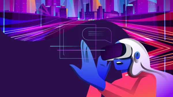 A rendering of a woman wearing a virtual reality headset, swiping through virtual reality landscapes.