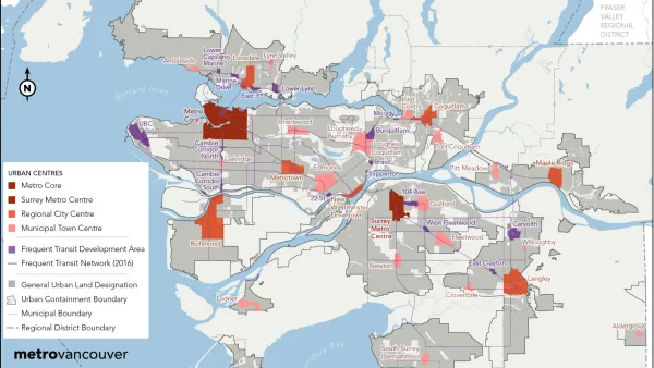 A map of transit-rich areas and urban centers in the Vancouver, British Columbia region.
