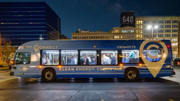 Blue Connect 1 bus at nighttime in Milwaukee, Wisconsin