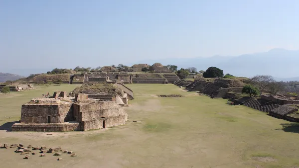 Aerial view of Monte Alban plaza ruins in Mexico.