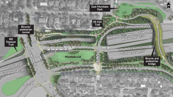 A rendering showing a planned freeway improvement project that will create a "lid" over State Route 520 for use as public open space.