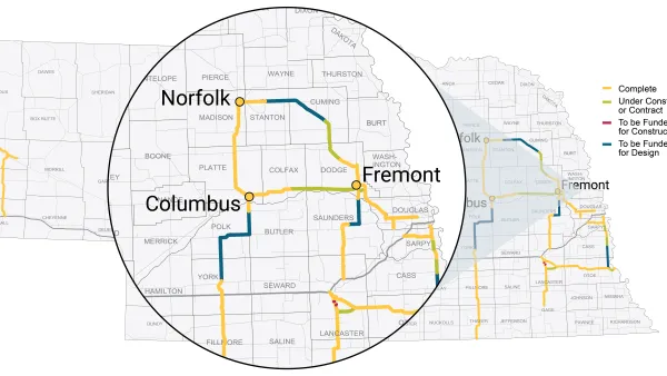 A map showing planned and under-construction segments of roads in Nebraska.