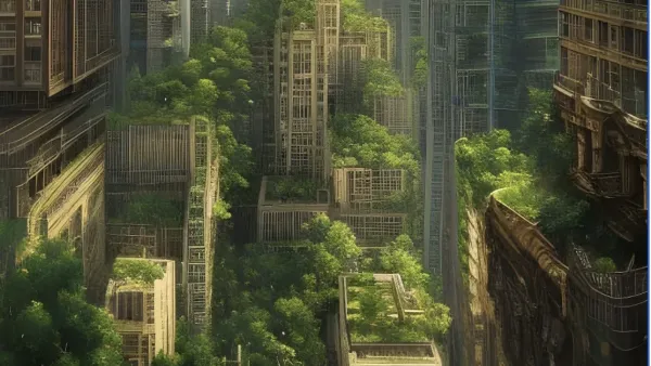 A futuristic version of New York City, with plants growing neatly on top of modern skycrapers.