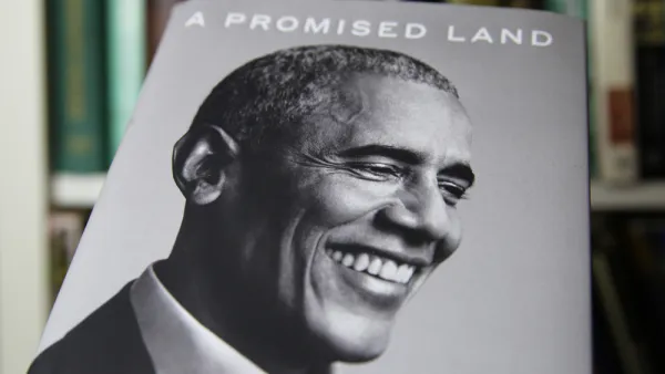 An image of the book "A Promised Land," by Barack Obama shows a black and white photo of the former president smiling.