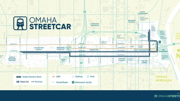 A map of the planned route of the Omaha Streetcar, as of January 2023.