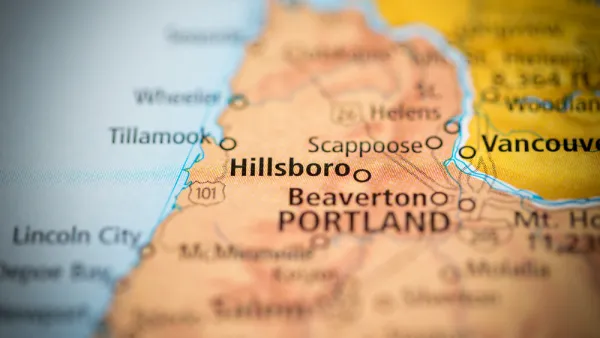A map of the northwest corner of Oregon, focusing on the city of Hillsboro.