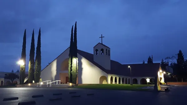 Our Lady of Mercy Catholic Church in Redding, California at night