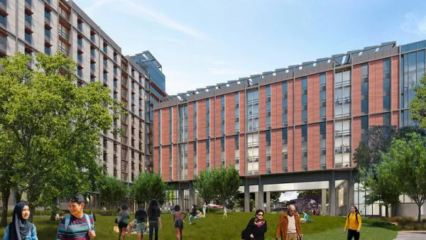 Rendering of red seven-story student housing building with students walking in open grassy plaza in front of building